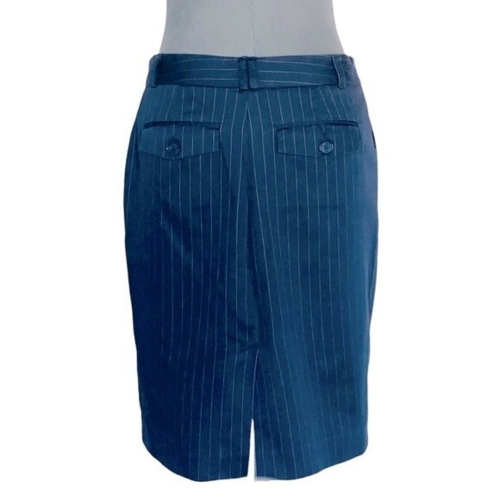 Women's Navy Blue Striped Cotton Pencil Skirt S Front Zip Midi Office EXC - Picture 4 of 7